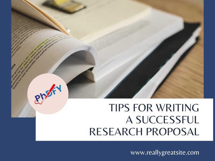 books and phdfy logo with the text Tips for writing a successful research proposal