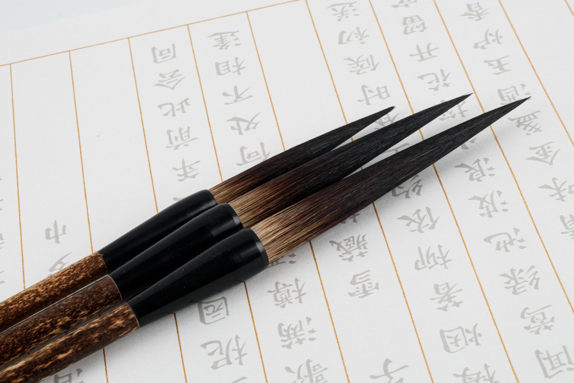 Three traditional calligraphy brushes positioned on Japanese script paper. Ideal for cultural and art themes.